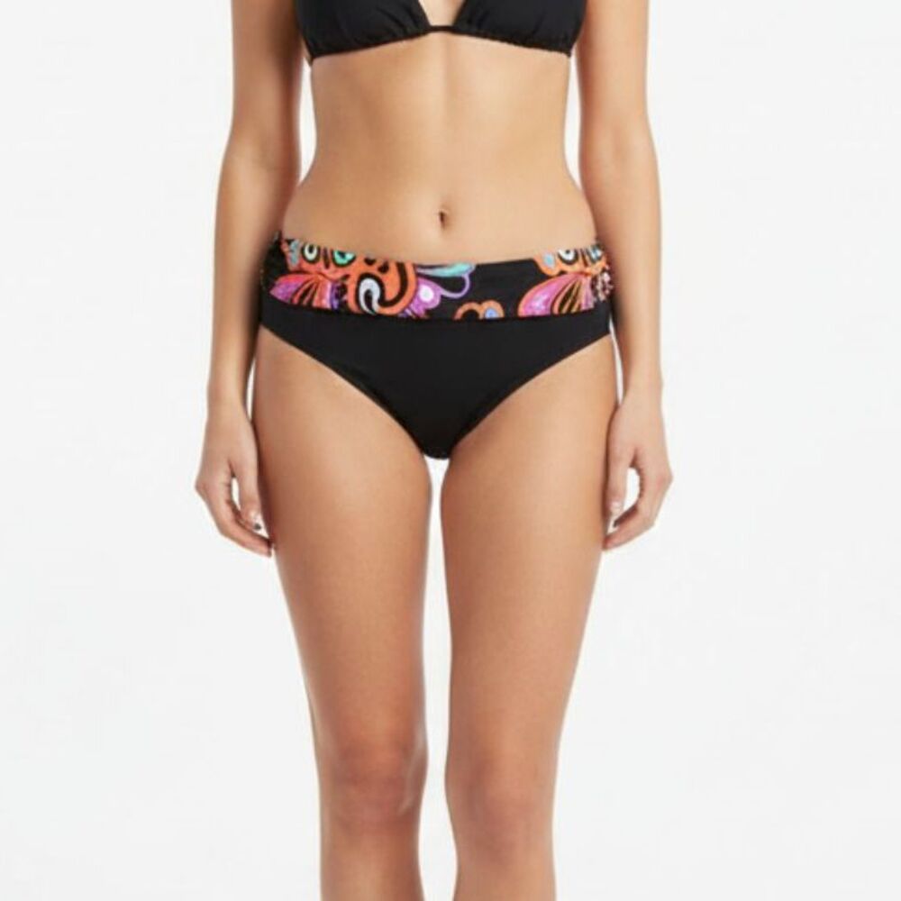 Kenneth Cole Black Floral Foldover Waist Bikini Swim Bathing Suit Bottom NEW S